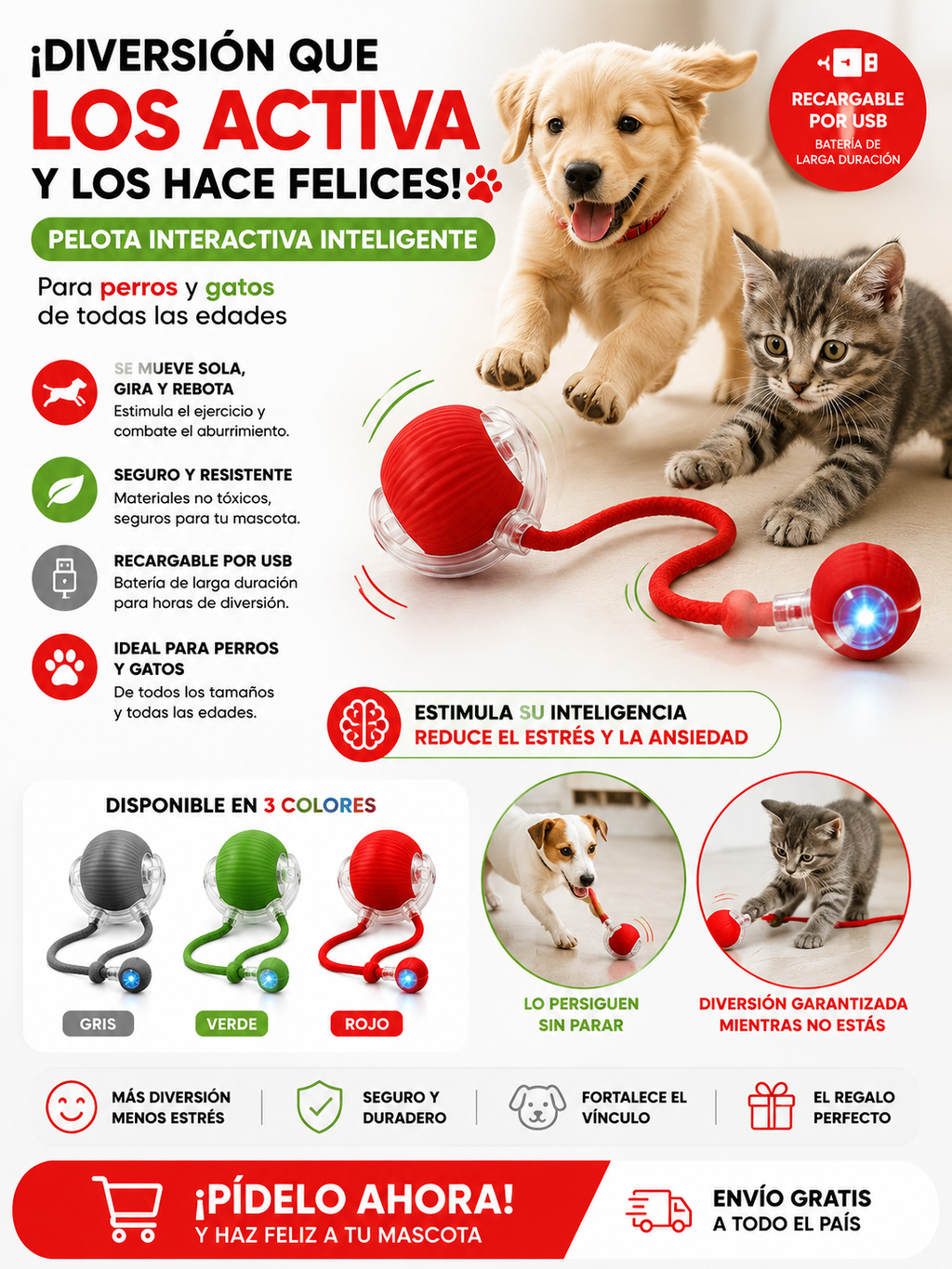 Pelota interactiva con cola para mascotas