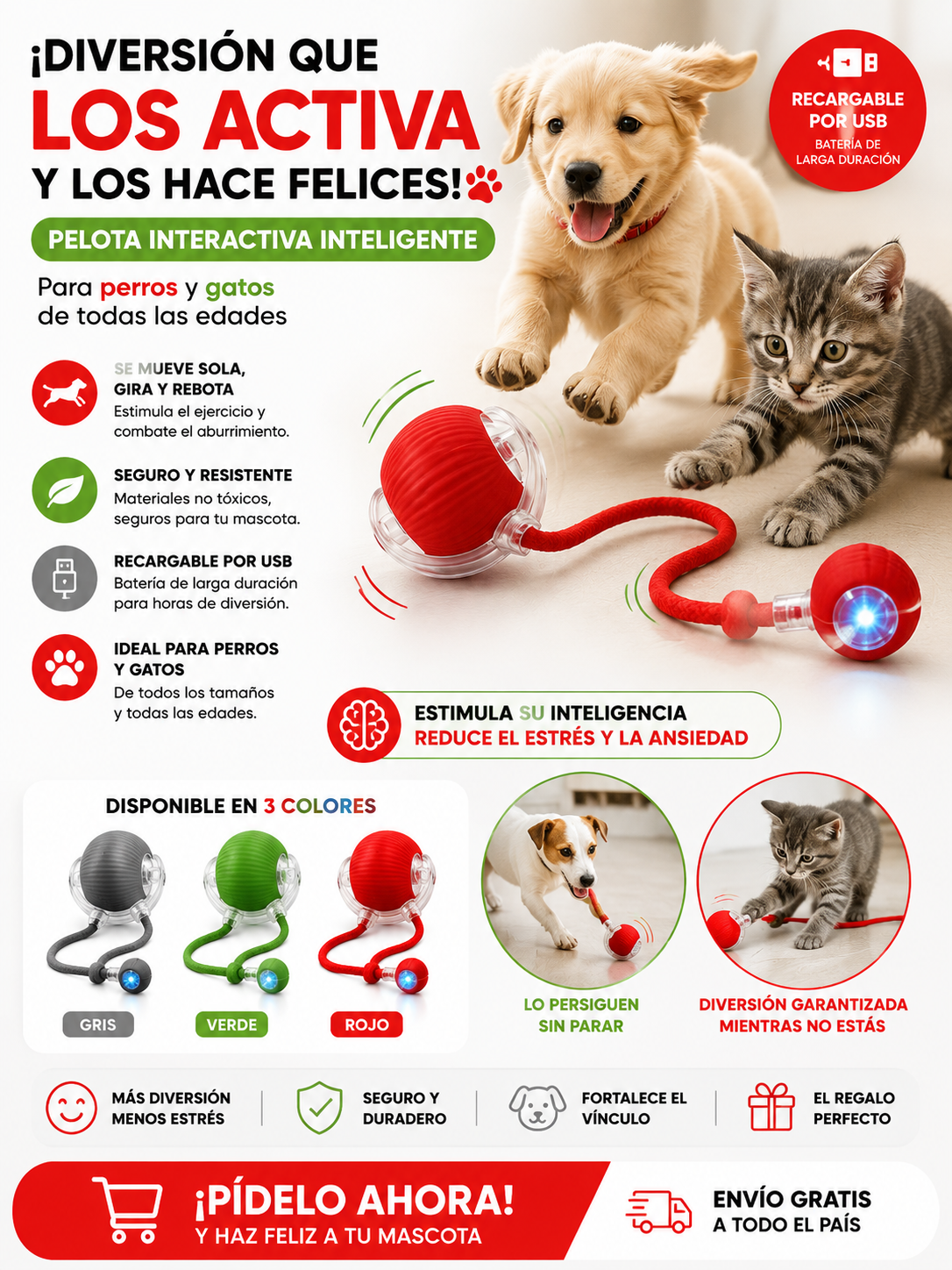 Pelota interactiva con cola para mascotas